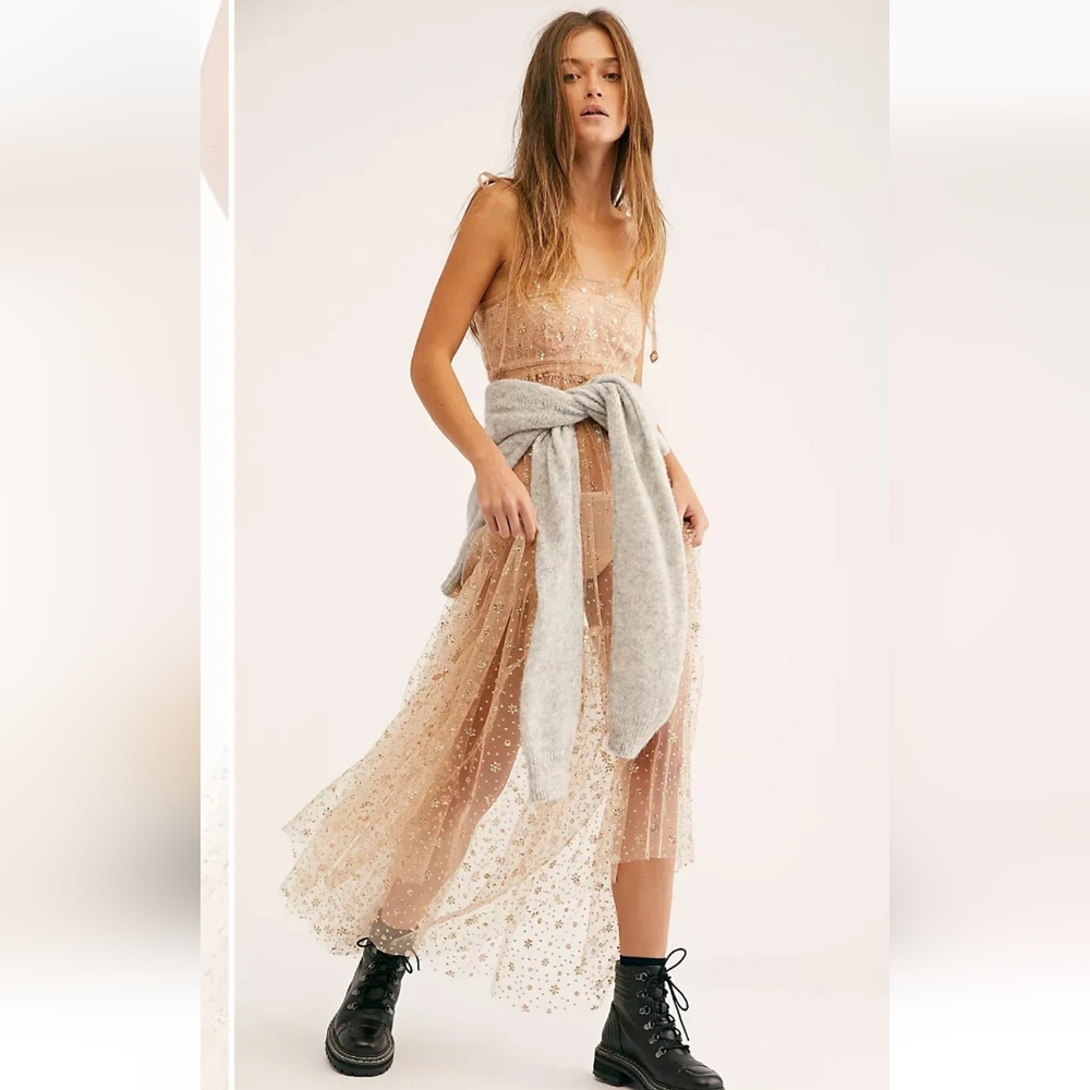 Free People Sheer Gold Sequin Maxi Dress